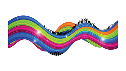 Harmony of Colors and Community: A vibrant display of colors intertwines, forming a dynamic wave that carries a community of unified figures, capturing themes of solidarity and cooperation.