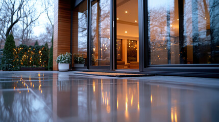 A stylish entrance to a modern home, featuring large glass doors that reflect surrounding lights and lush greenery, creating a welcoming atmosphere for festive celebrations.