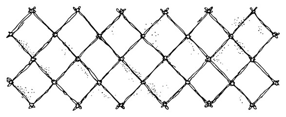 Hand drawn vector sketch of chain link fence pattern or knotted fishing net texture Wire mesh barrier background