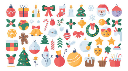 Fototapeta premium Set of cute christmas icons holiday celebration and winter season symbols cartoon flat