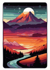 Surreal Mountain Sunset with Celestial Sky and River Valley