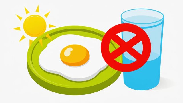 Diet and Digestion Concept Illustration Showing Fried Egg Breakfast with Forbidden Water Glass