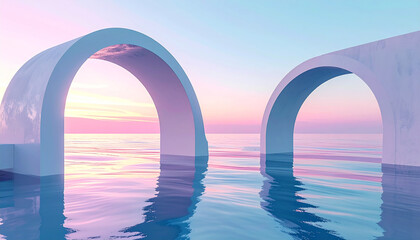 Abstract Arches in Water with a Soft Pink and Blue Sunset architecture artistic