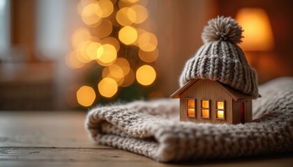 Naklejka premium Little wooden house wears warm knitted hat. Rests on soft wool blanket on wooden table. Illuminated windows suggest home comfort, efficient heating. Represents energy saving idea for cold winter.