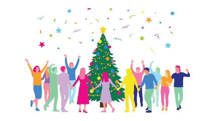 Holiday Cheer: Group celebrates the Christmas with decorated tree and confetti