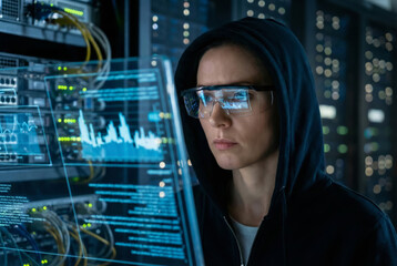 Woman in eyeglasses uses virtual reality for IT tasks in a server room at night