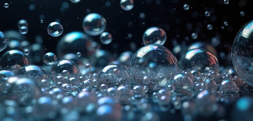 Close up clear water bubbles of various sizes float in dark liquid. Spheres reflect blue light, some tiny bubbles drift upwards. Macro view shows detailed texture and wet surface.