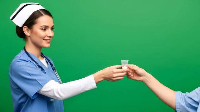 Young caucasian woman nurse giving medicine to patient on green screen for chromakey project