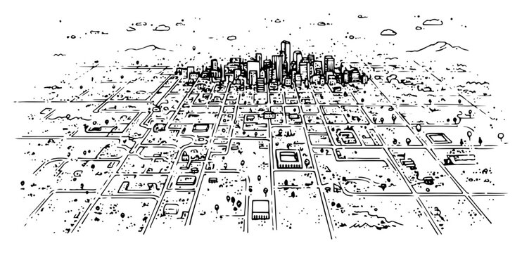 Hand drawn modern city map vector illustration showing isometric downtown grid with skyscrapers and suburbs sketch in line art style