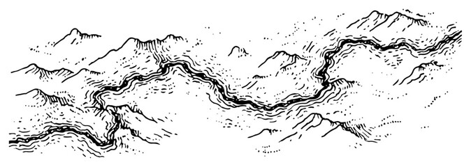 Naklejka premium Hand drawn winding river flowing through mountain landscape in vintage top view map style