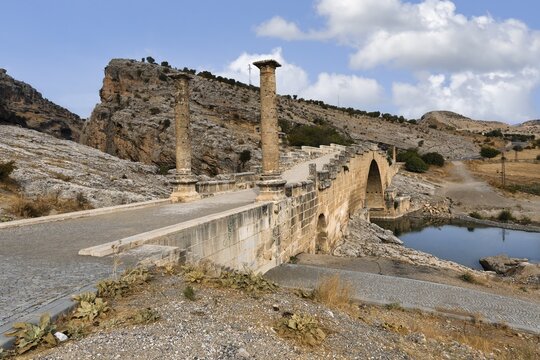 2nd century AD Severan roman bridge on the Cendere River with the columns of the Roman Emperor Septimus Severus and the Empress Julia Domna, Turkey