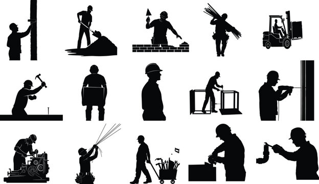 Diverse silhouettes of people performing various construction jobs