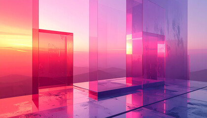 Abstract pink and purple glass forms in a misty landscape at dawn architecture background