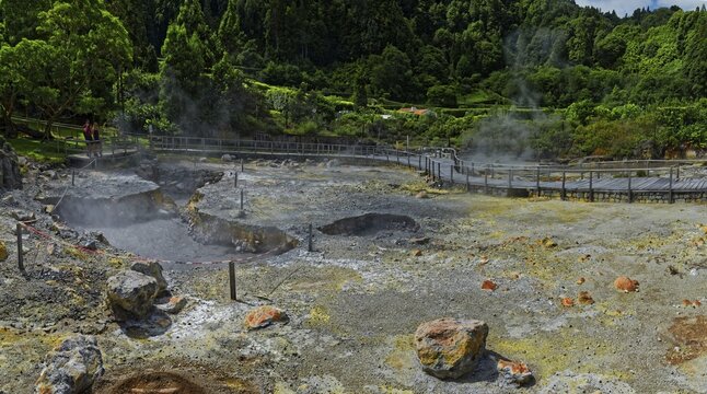 Geothermal activity with steaming mud holes and rock formations in an impressive landscape, Fumarolas Lagoa das Furnas, Furnas, Sao Miguel, Azores, Portugal