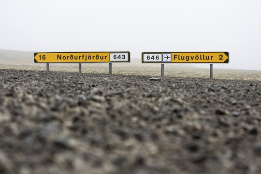 Road signs Nor&eth;urfj&ouml;r&eth;ur and Flugv&ouml;llur, Strandir, &Aacute;rnes, Westfjords, Iceland