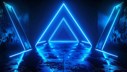 Blue neon triangle portal with wet reflective floor and dark textured walls abstract