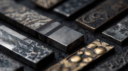 Detailed medium angle view of matte electroplated jewelry parts displaying subtle elegant metal finishes with artistic patterns.