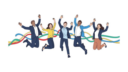 Jumping in Jubilation: A vibrant illustration depicts a dynamic team, arms raised high, leaping with joy and excitement. The colorful streamers symbolize their shared journey toward success and unity.