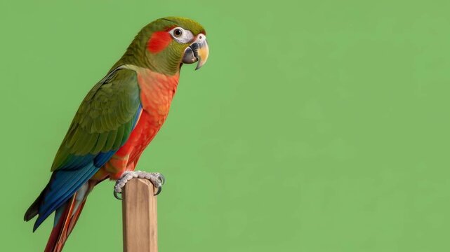 Tropical parrot bird perched on a wooden stick, turning its head against a green screen. Wildlife animal for chromakey composite footage.