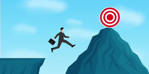 Businessman Jumping to Peak of the Mountain to reach Target. Goal Achievement and Business Success Concept. 
