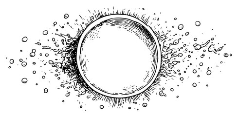 Abstract circular frame with liquid splashes and exploding bubbles in ink drawing style