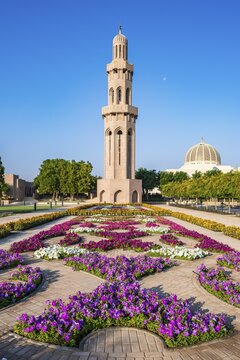 Sultan Qaboos Grand Mosque, minaret with blooming flowers in gardens, Muscat, Oman