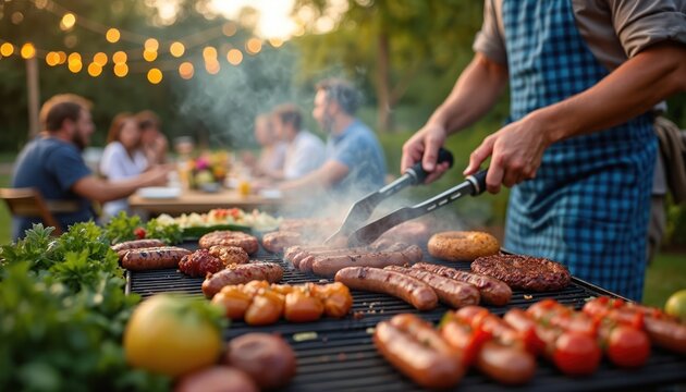 Man cooks sausages and burgers on outdoor grill. Family eats at table in background. Evening party with string lights. Summer backyard cookout meal.