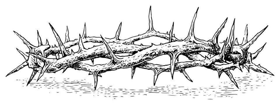 Hand drawn crown of thorns vector sketch of sharp spiked wreath for religious easter or good friday concept in black and white doodle style