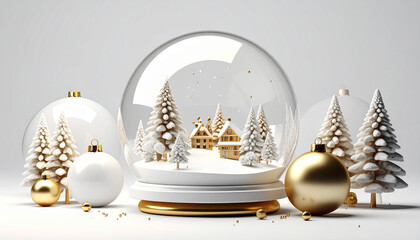 Christmas Snow Globe with Snowy Village and Golden Ornaments tree winter