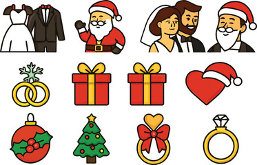 Christmas icons set with cartoon Santa Claus, snowman, vector gifts, tree, and holiday celebration decoration symbols