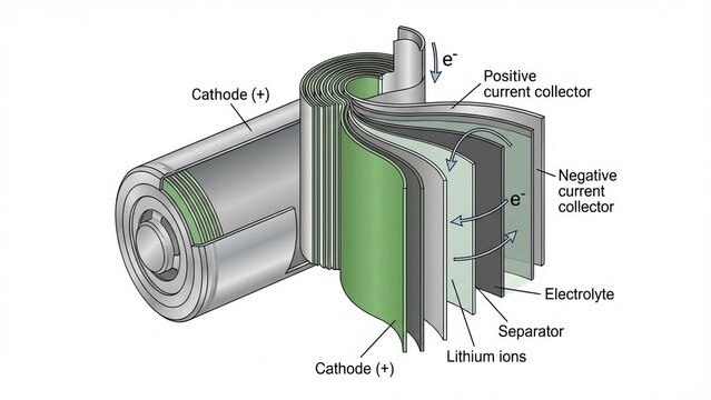 Battery cutaway revealing the internal structure with labeled components like cathode, anode, electrolyte, and separator, illustrating the flow of electrons during discharge