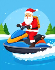 Obraz premium A cheerful Santa Claus enjoys riding a jet ski on a snowy lake, surrounded by evergreen trees and a bright blue sky.
