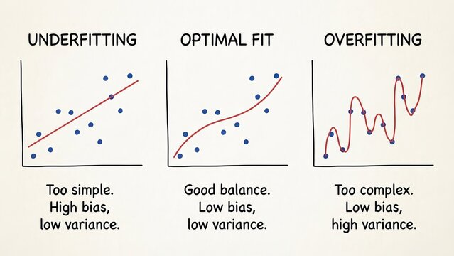 Hand drawing comparative charts illustrating underfitting, optimal fit, and overfitting models in machine learning, showing data points, regression lines, and labels for bias and variance