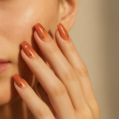 Closeup of Stylish Manicure with Glossy Orange Nails and Star Accents