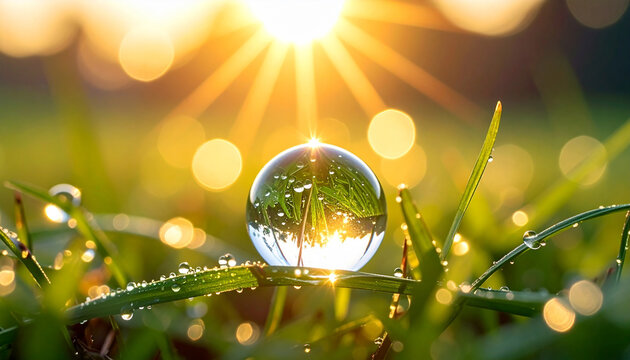 Crystal ball on grass with dew drops reflecting sunrise and green blades reflection
