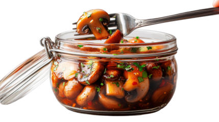 Marinated Mushrooms in Glass Jar on Transparent Background