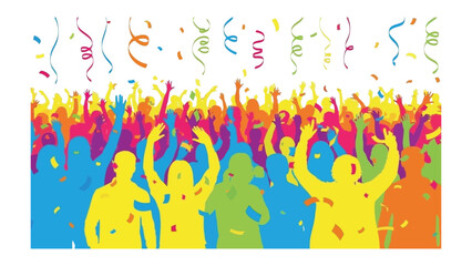 Vibrant Festivities Silhouette: A jubilant crowd of diverse individuals raise their arms in a symphony of celebration, as colorful confetti cascades creating an atmosphere of unbridled joy.
