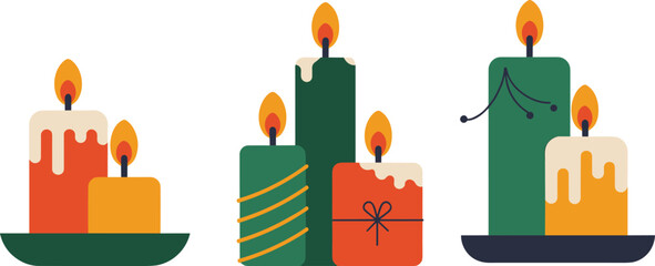 Christmas candles, festive decor, holiday flame illustration, seasonal wax design, cozy ambiance, decorative light, flat vector art, celebration element, warm glow