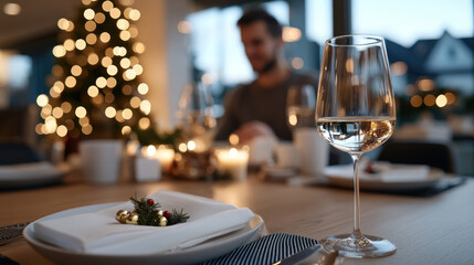 This image displays a sophisticated table setting adorned with candles and a Christmas tree in the background, encapsulating the essence of holiday gatherings and elegance.