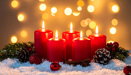 Five lit red candles with Christmas decorations and bokeh lights image photo