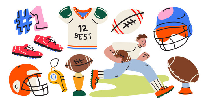 Rugby elements set in cartoon groovy style. Sports equipment, rugby player, ball, helmet, sports uniform. American football elements. Competition match attributes. Flat vector illustration - Powered by Adobe
