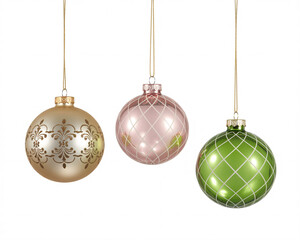 Christmas ornaments, hanging balls, gold, pink, green, shiny decorations