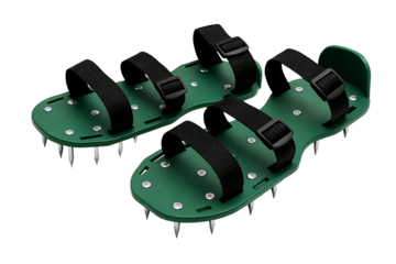 Pair of green lawn aerating sandals isolated on transparent background