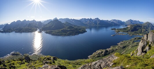 View of the fjord Ulvågsundet and Raftsund and mountains, view from the top of Dronningsvarden or Stortinden, Sonnenstern, Vesterålen, Norway