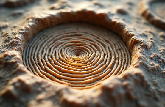 Close up textured fossilized stromatolite formation showing circular layered patterns. Ancient microbialite structure provides insight into early life and earth geology.