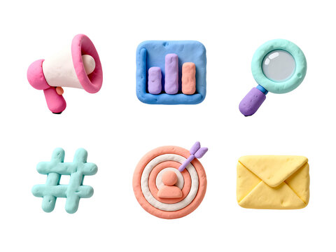 Clay Figures of Marketing Icons: Six vibrant clay figures representing essential marketing elements, including a megaphone, bar graph, magnifying glass, hashtag, target, and envelope.