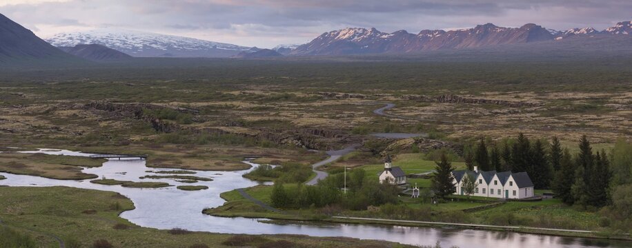 Church and historic houses, World Heritage Site &THORN;ingvellir or Thingvellir or Pingvellir, Rift Valley, National Park, Iceland