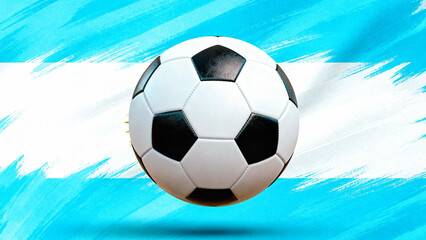 Classic black and white soccer ball against a stylized, brushstroke texture of the light blue and white argentine flag background