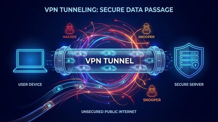 Vpn tunneling showing encrypted data flowing through a secure virtual private network, shielding user devices and information from hackers and snoopers on public internet