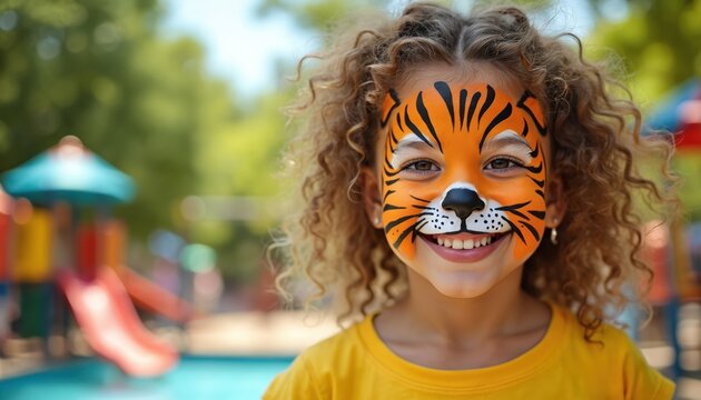 Joyful girl with curly hair has tiger face painting at summer amusement park. Cute child smiles outdoors with painted wild animal face. Kid enjoys holidays at playground on vacations.